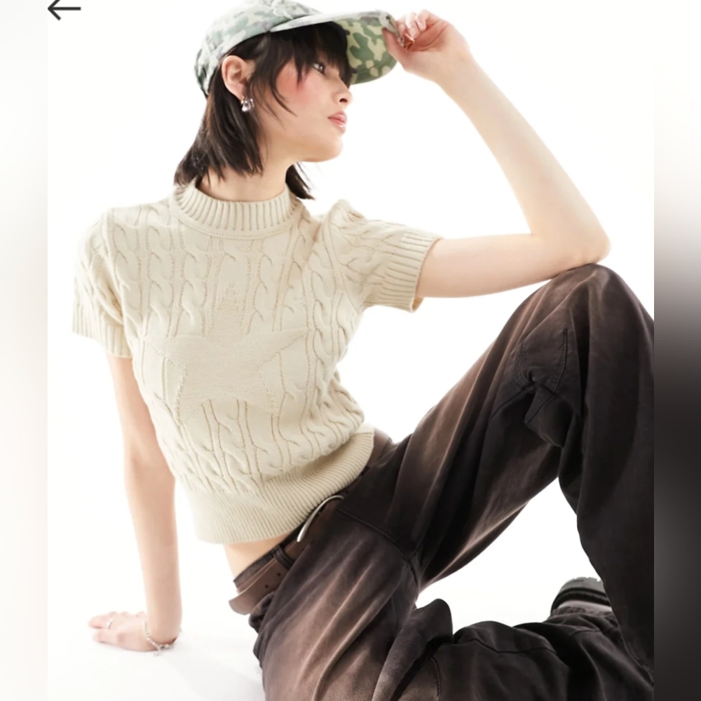Basic Pleasure Mode Cable Knit Short Sleeve Sweater In M/L